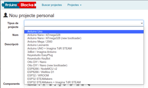 IDE ArduinoBlocks. Creació d'un nou projecte
