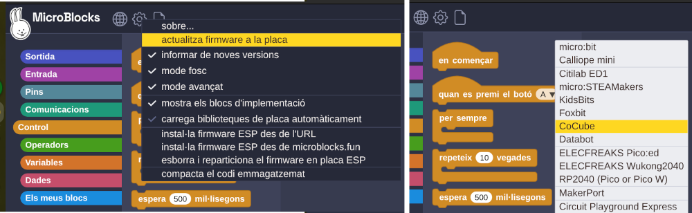 Actualització de firmware de CoCube a MicroBlocks