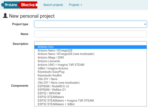 IDE ArduinoBlocks. Creating a new project